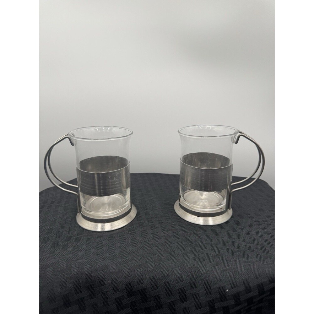 2 Vintage French Press Coffee Cups/Mugs Glass and Stainless - Picture 1 of 4